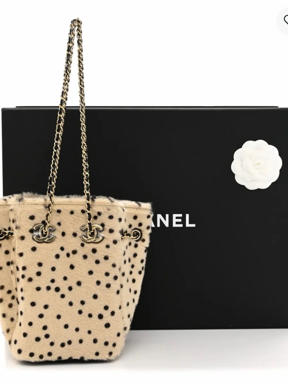 2026 Chanel Pony Hair Cheetah Fur Bucket Bag with Chain Straps - Beige/Black
